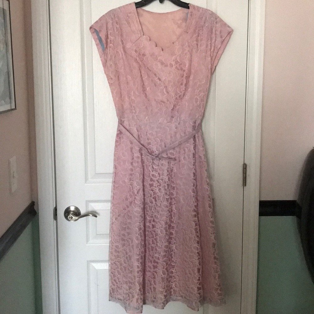 Vintage 1950s Pink Lace Swing Dress
